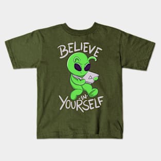 Believe in Yourself Funny Laptop Alien Kids T-Shirt